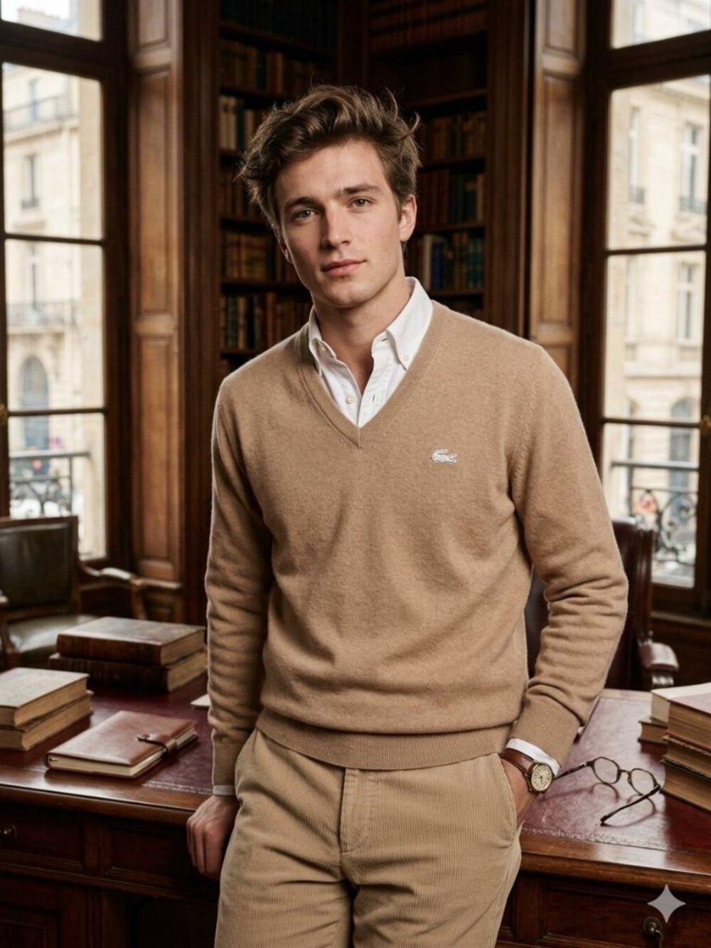 NWOT Vintage Lacoste Men's 100% Cashmere Tan Sweater Sz US L Made in France